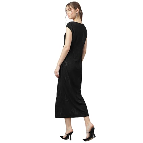 Latin Quarters Women Black V-Neck Short Sleeves Solid A-Line Dress S