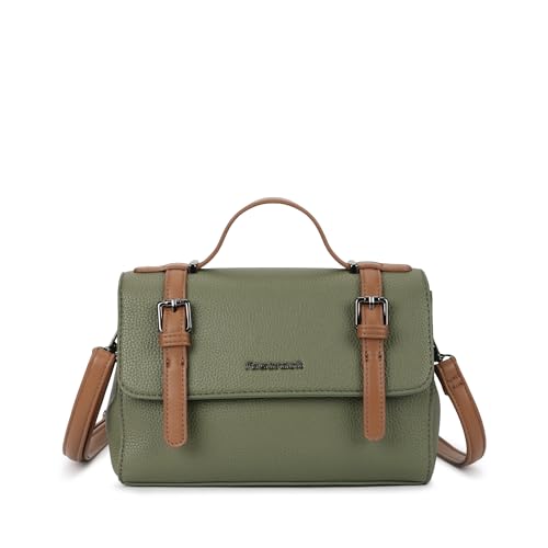 Fastrack Monochrome Muse Satchel | Faux-Leather Satchel for Women in Olive with Tan Accents | Buckle-Flap Closure, Dual Carry Options, Centre Zip Divider & Quick-Access Pockets