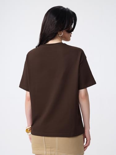 The Souled Store Stargirl: Women and Girls Short Sleeves Round Neck Dark Brown Graphic Printed Cotton Oversized Breathable Streetwear T-Shirt