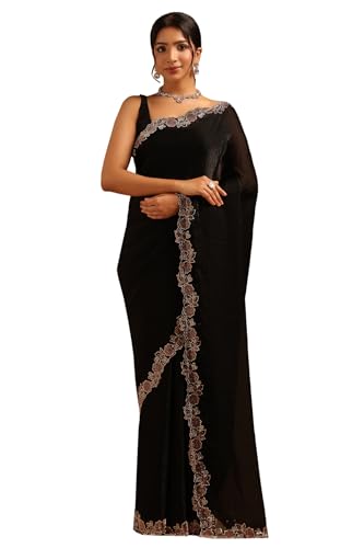Soch Womens Black Fendy Organza Saree With Stone Work