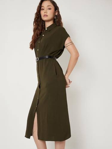 Max Women Solid Shirt Dress with Belt (Green_XXL)