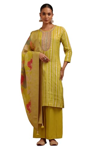Soch Womens Green Tissue Zari Woven Suit Set With Sequins