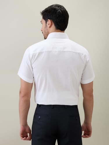 Raymond Men Regular Fit Solid Piece Dyed Pattern Pure Cotton Semi Cutaway Collar Half Sleeve Formal Shirt White