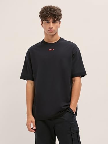 THE BEAR HOUSE Men's Cotton Printed Oversize Fit Black T-Shirt