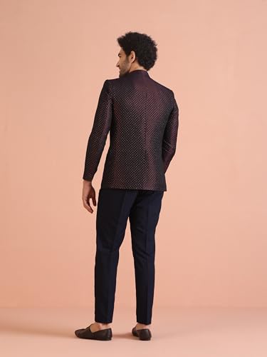 KISAH Men's Jodhpuri Bandhgala-Blazer Trouser Set, Magenta Silk Blend, Woven Design Regular Fit Mandarin Collar Long Sleeves (38)