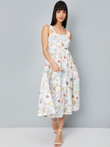 Max Women Printed Fit & Flare Midi Dress(Off White_XL)