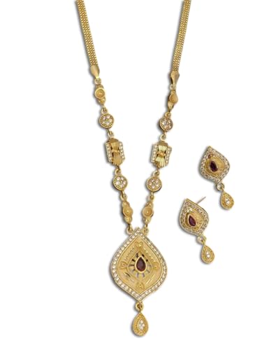 Seora Gold Plated Leaf-Shaped chain Pendant earring Jewellery Set for Women, Traditional Necklace & Earrings with Red Stone and CZ Diamond for Weddings & Parties