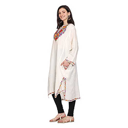 CRAFTBAZAR Kashmiri White phiran with Multi Colour Embroidery 100% Wool Plus Size