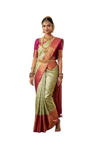 VFCollections Women's Traditional Handloom Kanchipuram Silk Pure Pattu Sarees | Rich Zari Woven Design | Unstitched Blouse (VFC214-3)