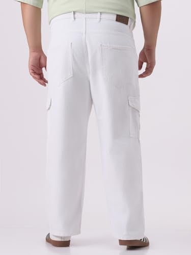 Urbano Plus Men White Mid Rise Loose Baggy Fit Cargo Jeans with 6 Pockets Non-Stretchable (plusjeanlscargop-white-38)