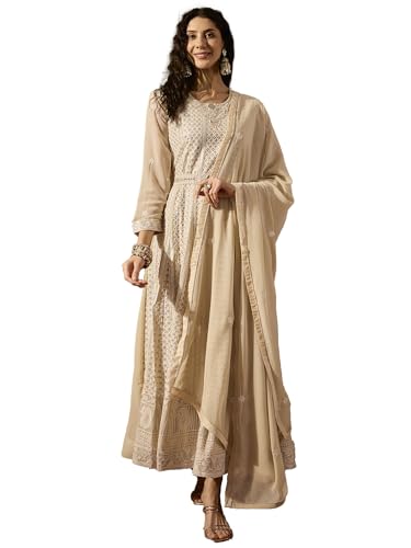 Hoyendiafad Women's Cream Faux Georgette Stitched Gown With Dupatta Full Sleeve Embroidered Anarkali Gown (HFY-1239-Cream-XXL)