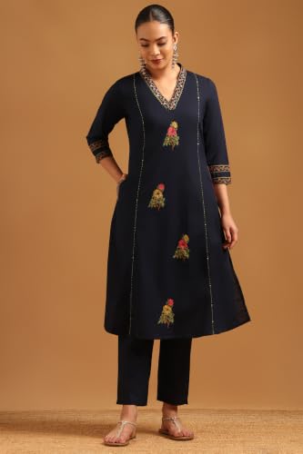 Soch Womens Navy Blue Cotton Floral Embroidered Salwar Suit