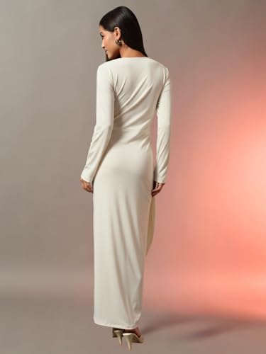 Trend Arrest.ed Women's Draped Bodycon Maxi Dress | Long Sleeve Square Neck Gown | Elegant Ruched Party Dress (Off White,XL)