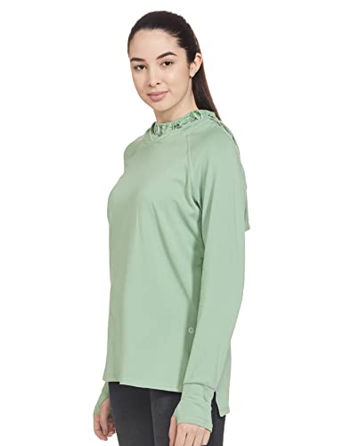 Enamor Athleisure Women's 4 Way Stretch Cotton Quick Dry and Antimicrobial Hooded Mask T-Shirt for Women - A302(A302-Pistachio-M)