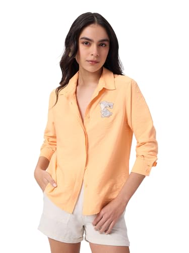 The Souled Store Textured Shirt: Bunny Women and Girls Full Sleeves Collared Light Orange Embroidered Crinkled Viscose Nylon Relaxed Fit Lightweight Casual Shirt