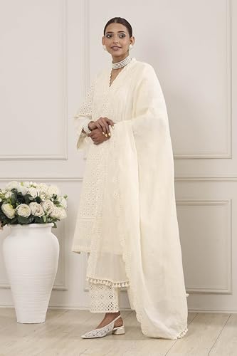 Biba Women Yellow Cotton Straight Suit Set_36
