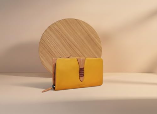 Calfnero Women's Genuine Leather Wallet-Long Purse Wallet with Multiple Card Slots, Zip Pocket with Note Compartments (Yellow)