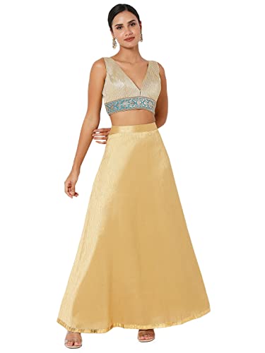 S SALWAR STUDIO Women's Gold & Blue Banarasi Self Design Readymade Saree Blouse-SSB4170-GOLD