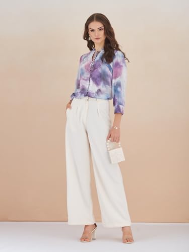 Latin Quarters Women Purple 3/4Th Sleeves Tie Neck Printed Top for Casual_XXL