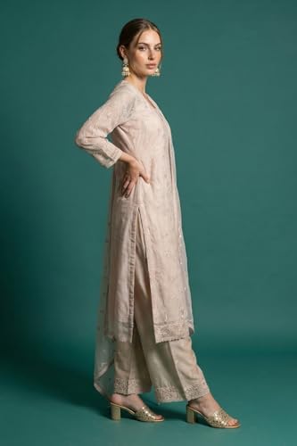 Wishful Women's Beige Embroidered Organza Straight Kurta with Parallel Pants and Dupatta Set - (SP13783-400522-M)