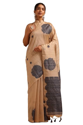 Soch Womens Navy Blue Tussar Woven Design Saree