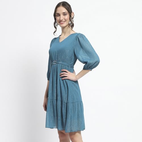 Madame Shimmery Tiered Belted Waist Teal Midi Dress for Women