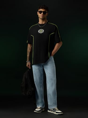 The Souled Store Ben 10: Tennyson Men and Boys Short Sleeves Round Neck Black Graphic Printed Lightweight Drop Shoulder Streetwear Trendy Oversized T-Shirt