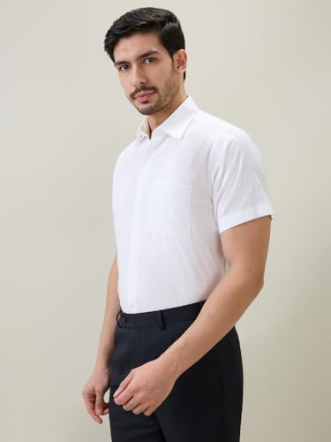 Raymond Men Regular Fit Solid Piece Dyed Pattern Pure Cotton Semi Cutaway Collar Half Sleeve Formal Shirt White