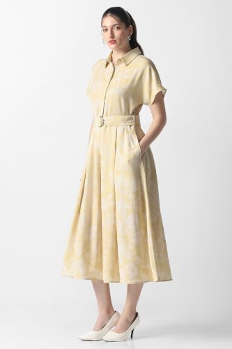Women Yellow Print Calf-Length Formal Dress