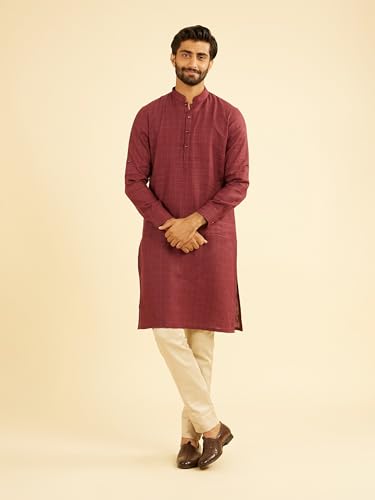Manyavar Men's Linen Square Grid Printed Kurta (Wine,XXXL)