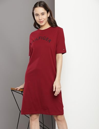 Tommy Hilfiger Women's Cotton T-Shirt Above The Knee Casual Dress (F23HWDR031_Maroon