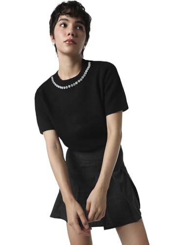 ONLY Women's Embellished Regular Fit Black Sweater