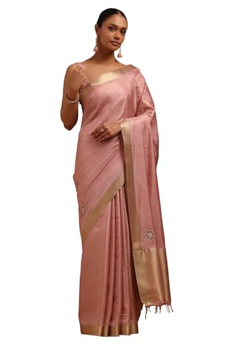 Soch Womens Pink Tussar Solid Saree With Thread Work