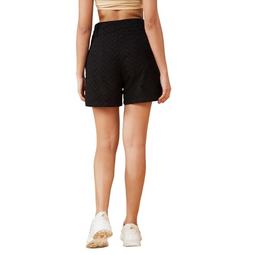 Globus Women Black Self Design High-Rise Regular Shorts with Zip Closure-GS568826