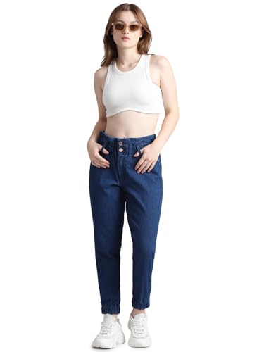 ONLY Women Solid Cotton High Rise Blue Denim Joggers