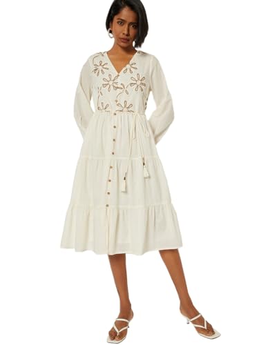 Max Women Embroidered Tiered A-line Dress (Off White_XL)
