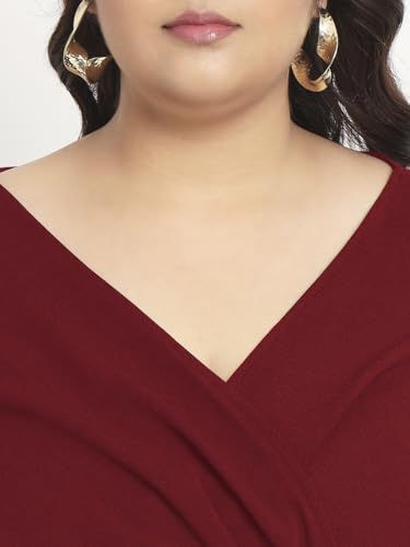 wild U Women Plus Size Bodycon Dress | Wrap | Stretchable | Puff Sleeve | Knee Length | Western Stylish (Maroon - 3XL)