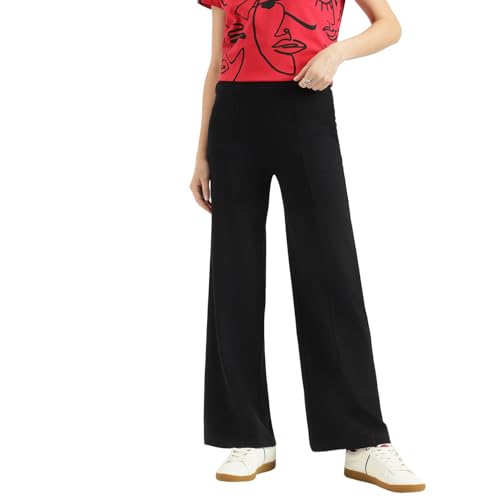 United Colors of Benetton Solid Centre Pin Tuck Pull Up Pants (Size: L)-25A3PUWDLG24I100 Black