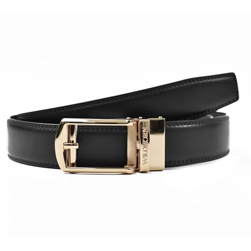 WildHorn Men’s Leather Belt Gift Set | Genuine Leather belt Strap with 2 Interchangeable Buckles | Formal & Casual Wear Adjustable Belt | Automatic lock leather belt for men (Gold & Silver)