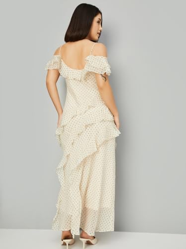 Max Women's Polyester A-Line Midi Dress (DTI3709_Ecru