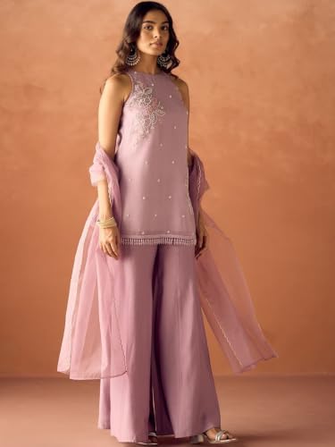 Women's Lavender Silk Blend Embroidered Kurti Set With Palazzo And Dupatta