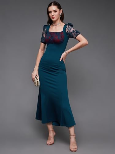 Miss Chase Women's Square Neck Short Puff Sleeve Self Design Lace Overlaid Bodycon Maxi Dress (MCAW25D87-01-UVE-04, Harbor Teal, M)