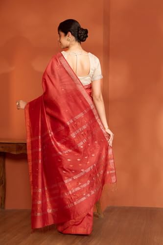 Taneira Women Red Bengal Pure Silk Cotton Jamdani Saree with Unstitched Blouse Piece (SAPH01AB2049-Red)