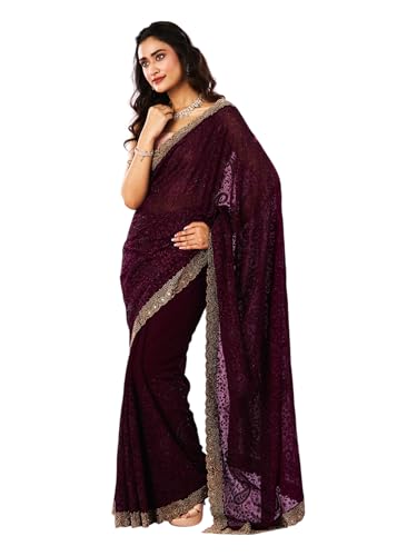 MOHEY Women's Georgette Embroidery|Stone Work Saree with Blouse Piece(Wine)