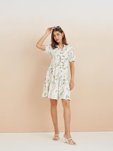 Latin Quarters Women's White Mandarin Neck Half Sleeves Printed Casual A-Line Dress_L