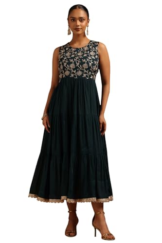Soch Womens Teal Chanderi Floral Dress with Zari