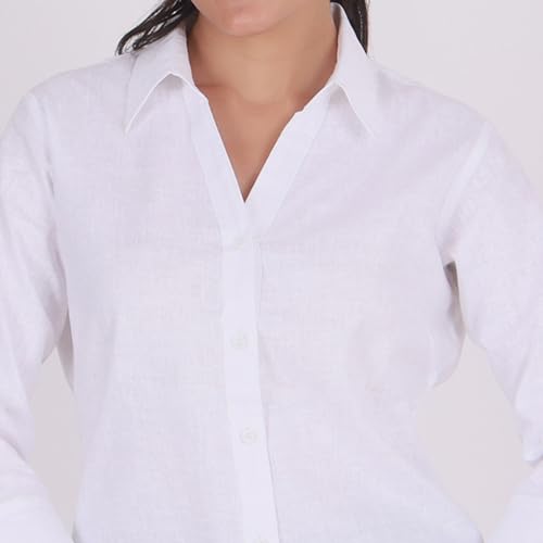 QUEEN SHIELD Women’s Linen Shirt with 3/4 Sleeves – V-Neck Button Down Casual Regualr Fit Top, Soft & Breathable Fabric White