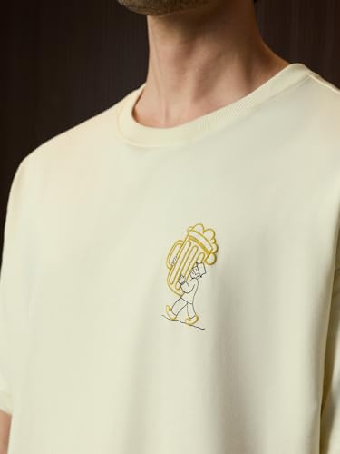 The Souled Store Oversized T-Shirt: Drinking Men and Boys Short Sleeve Round Neck Off White Graphic Printed Funny Slogan Casual Lightweight Drop Shoulder Streetwear Trendy Oversized T-Shirts