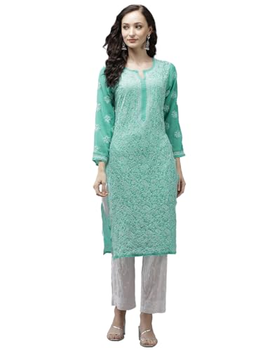 Ada Georgette Kurta with Palazzo for Women Lucknowi Chikan Hand Embroidered Kurti Set A811215 Sea Green (L)