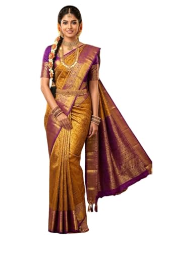 VFCollections Women's Traditional Handloom Kanchipuram Silk Pure Pattu Sarees | Rich Zari Woven Design | Unstitched Blouse (VFC297-2)